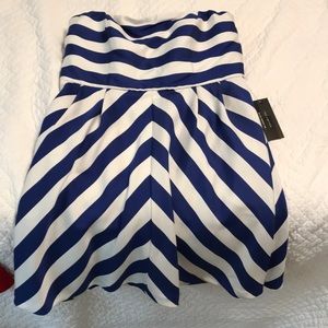 Blue white stripe strapless dress